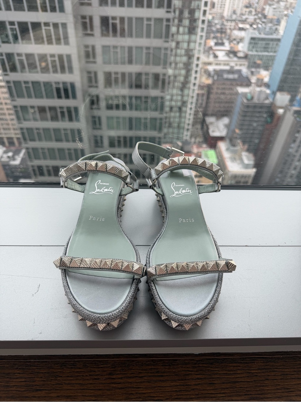 Christian Louboutin Flat Cataclou Metallic Blue/Silver Pyramid-Stud Sandals